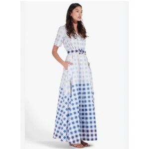 STAUD Blue and White Buttoned Maxi Dress with Notched Collar